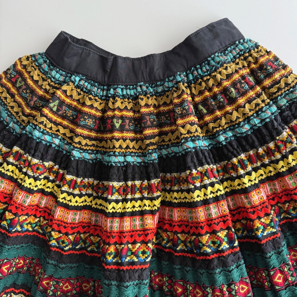 VTG Ribbon Ric Rac Flounce Colorful Red Black Rainbow Handmade Fiesta Skirt S - Picture 3 of 10